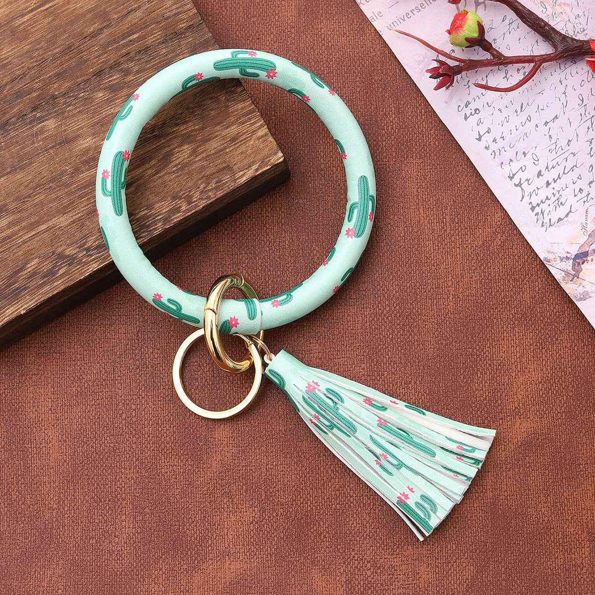 Wholesale Green Leather Cactus Print Rubber Tube Tassel Keychains